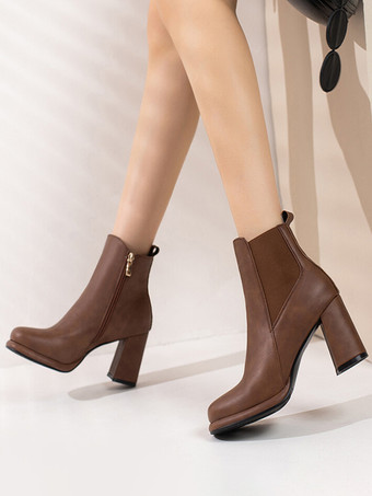 MarrónBotines de mujer de piel sintética roja con punta redonda y tacón grueso