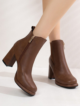 Botines de mujer de piel sintética roja con punta redonda y tacón grueso