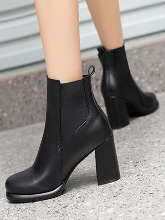 Botines de mujer de piel sintética roja con punta redonda y tacón grueso