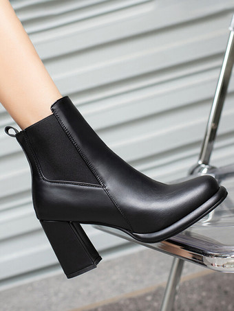 Botines de mujer de piel sintética roja con punta redonda y tacón grueso