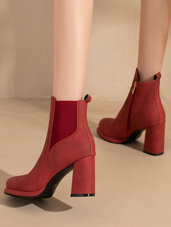 Botines de mujer de piel sintética roja con punta redonda y tacón grueso