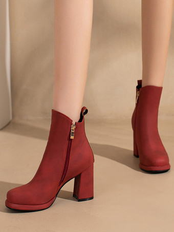 Botines de mujer de piel sintética roja con punta redonda y tacón grueso
