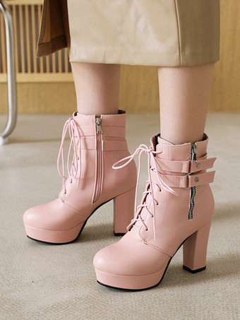 ピンクレディース ホワイト ラウンドトゥ ブーティ チャンキーヒール アンクルブーツ
