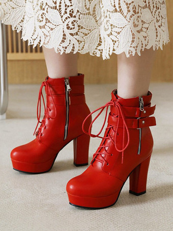 レッド レディース ホワイト ラウンドトゥ ブーティ チャンキーヒール アンクルブーツ
