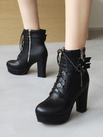ブラック レディース ホワイト ラウンドトゥ ブーティ チャンキーヒール アンクルブーツ