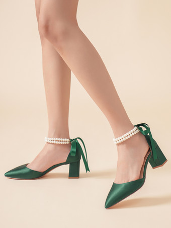 ダークグリーンウェディングシューズ ブライダルパンプス サテン ポインテッドトゥ