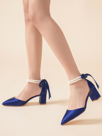 ディープブルーウェディングシューズ ブライダルパンプス サテン ポインテッドトゥ