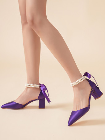 パープル ウェディングシューズ ブライダルパンプス サテン ポインテッドトゥ