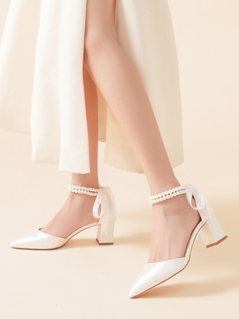 アイボリーウェディングシューズ ブライダルパンプス サテン ポインテッドトゥ