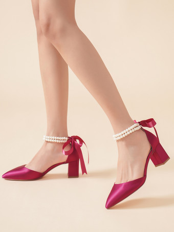 ワインレッド ウェディングシューズ ブライダルパンプス サテン ポインテッドトゥ