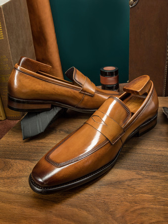 ブラウン メンズ 牛革 ペニーローファー スリッポン プロム ウェディングシューズ