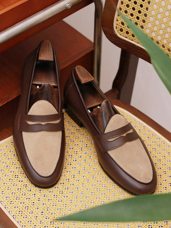 新学期メンズ ペニーローファー スリッポン ラウンドトゥ ローヒール ペニーシューズ ブラウン スエードレザー プロム ウェディングシューズ