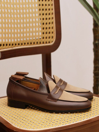 新学期メンズ ペニーローファー スリッポン ラウンドトゥ ローヒール ペニーシューズ ブラウン スエードレザー プロム ウェディングシューズ