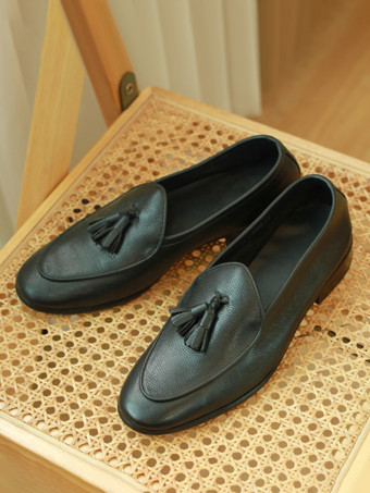 ブラック メンズ タッセルローファー ラウンドトゥ 牛革 プロム ウェディングシューズ