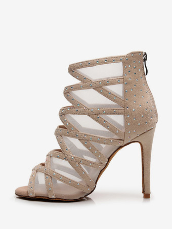 ライト アプリコットラテンダンスシューズ PUレザー ライトアプリコット ピープトゥ ラインストーン ダンスシューズ