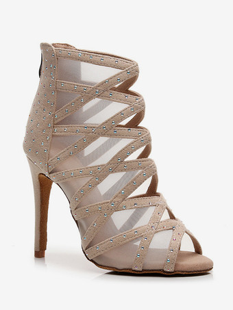 ラテンダンスシューズ PUレザー ライトアプリコット ピープトゥ ラインストーン ダンスシューズ