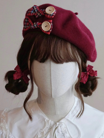 ワインレッド スイートロリータ帽子アクセサリーチェック柄ポリエステルグレーロリータアクセサリー