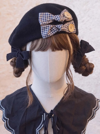 ダークネイビースイートロリータ帽子アクセサリーチェック柄ポリエステルグレーロリータアクセサリー