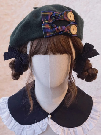 グリーン スイートロリータ帽子アクセサリーチェック柄ポリエステルグレーロリータアクセサリー