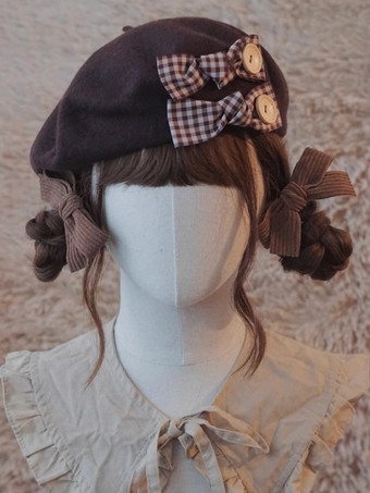 ディープブラウンスイートロリータ帽子アクセサリーチェック柄ポリエステルグレーロリータアクセサリー