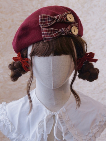 ダークレッドスイートロリータ帽子アクセサリーチェック柄ポリエステルグレーロリータアクセサリー