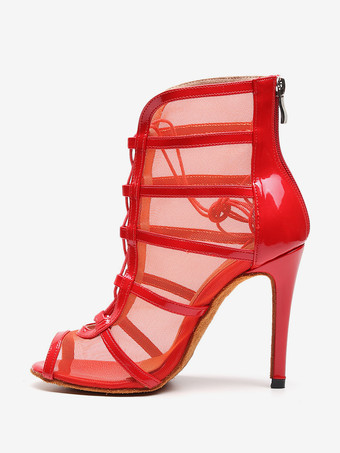 レッド ラテンダンスシューズ レッド ピープトゥ ラインストーン 社交ダンスシューズ