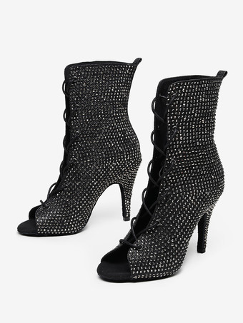 ラテンダンスシューズ PUレザー ブラック ピープトゥ ラインストーン ダンスシューズ