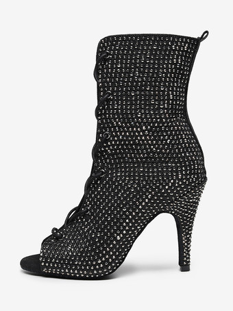 ラテンダンスシューズ PUレザー ブラック ピープトゥ ラインストーン ダンスシューズ