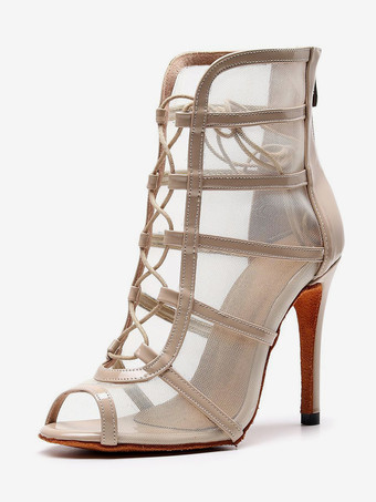 ライト アプリコットラテンダンスシューズ レッド ピープトゥ ラインストーン 社交ダンスシューズ