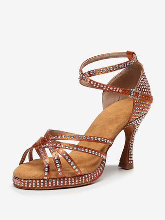 ブラウン ラテンダンスシューズ ダークネイビー ラウンドトゥ ラインストーン 社交ダンスシューズ