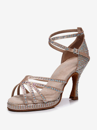 ライト アプリコットラテンダンスシューズ ダークネイビー ラウンドトゥ ラインストーン 社交ダンスシューズ