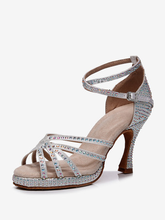 ホワイト ラテンダンスシューズ ダークネイビー ラウンドトゥ ラインストーン 社交ダンスシューズ