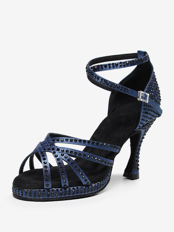 ダークネイビーラテンダンスシューズ ダークネイビー ラウンドトゥ ラインストーン 社交ダンスシューズ