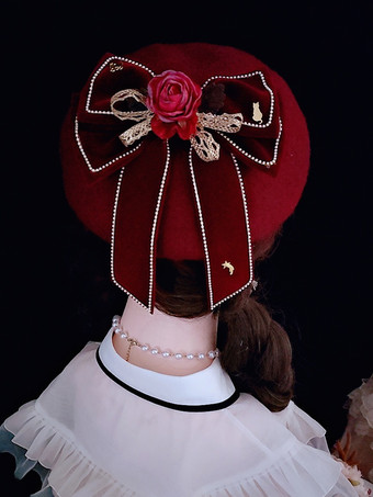 ワインレッド ゴシックロリータ帽子バーガンディ花リボンアクセサリーポリエステルロリータアクセサリー