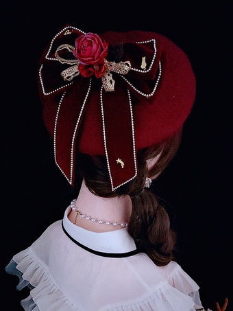 ゴシックロリータ帽子バーガンディ花リボンアクセサリーポリエステルロリータアクセサリー