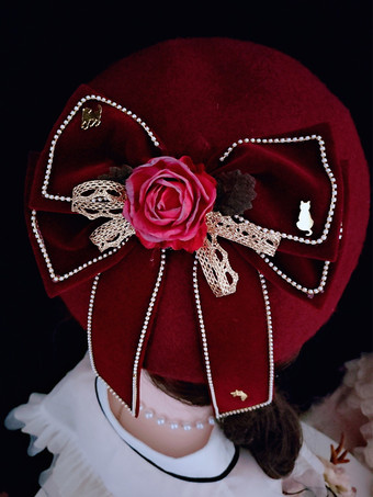 ゴシックロリータ帽子バーガンディ花リボンアクセサリーポリエステルロリータアクセサリー