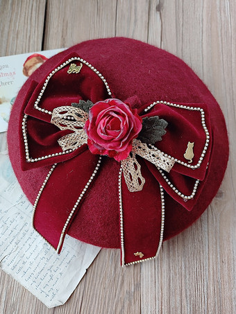 ゴシックロリータ帽子バーガンディ花リボンアクセサリーポリエステルロリータアクセサリー