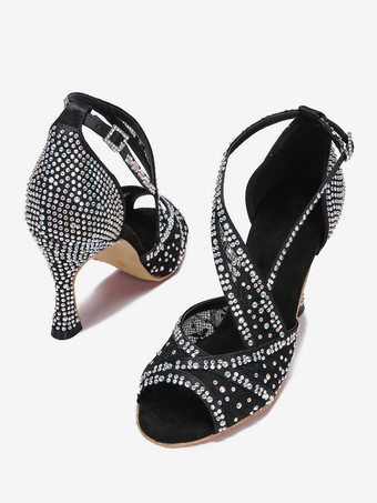 noir Chaussures de danse latine en cuir PU abricot clair bout rond strass chaussures de danse