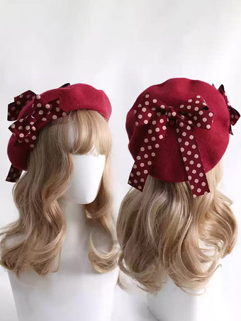 ワインレッド スイートロリータ帽子リボンアクセサリー水玉カラーブロックポリエステルバーガンディロリータアクセサリー