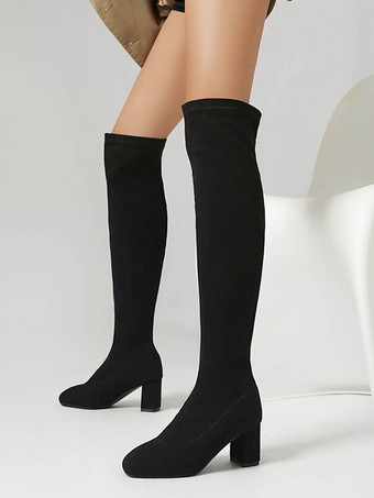 ブラック オーバーニーブーツ ローズ レディース サイハイブーツ ポリエステル チャンキーヒール