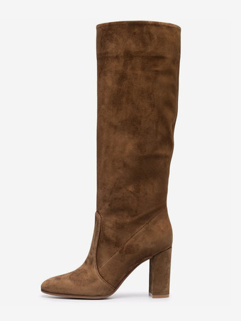 ブラウン マイクロスエードアッパー ブラック ラウンドトゥ チャンキーヒール ミッドカーフブーツ レディース ブーツ