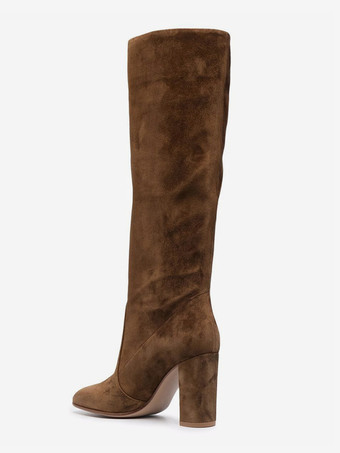 マイクロスエードアッパー ブラック ラウンドトゥ チャンキーヒール ミッドカーフブーツ レディース ブーツ