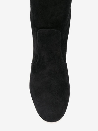 マイクロスエードアッパー ブラック ラウンドトゥ チャンキーヒール ミッドカーフブーツ レディース ブーツ