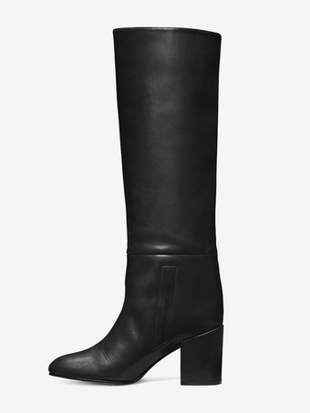 PUレザー PU ブラック ラウンドトゥ パピーヒール ミッドカーフブーツ レディース ブーツ