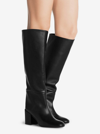 PUレザー PU ブラック ラウンドトゥ パピーヒール ミッドカーフブーツ レディース ブーツ