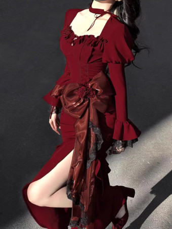 ゴシックロリータドレス 花 レース バーガンディ バーガンディ