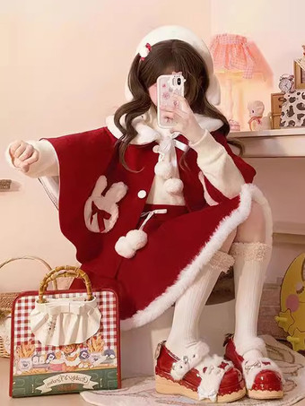 Atuendos dulces de Lolita: capa falda sin mangas y lazos rojos