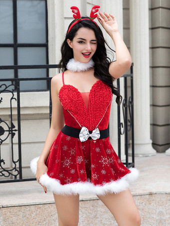 レッド 4ピースサンタコスチューム 魅力的なクリスマスレディースドレス