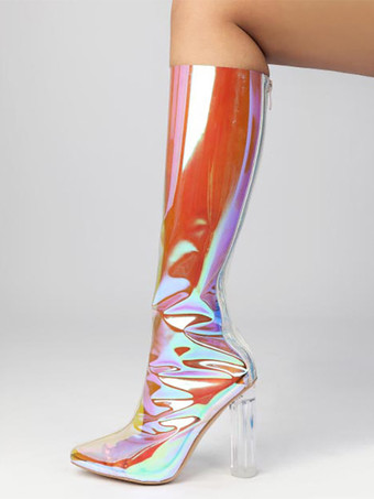 ホワイト セクシーなハイヒールブーツ 尖ったつま先 ジッパー パーティー ホワイト サイハイブーツ オーバーニーブーツ