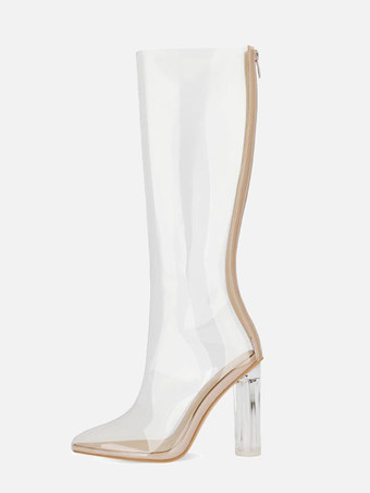 セクシーなハイヒールブーツ 尖ったつま先 ジッパー パーティー ホワイト サイハイブーツ オーバーニーブーツ